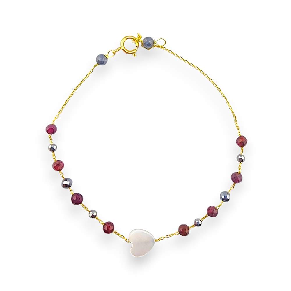 18K GOLD HEART RED CUBIC HEMATITE BEADS BRACELET