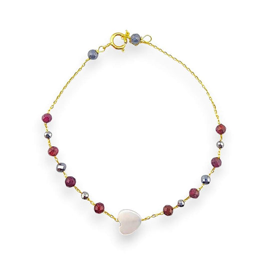 18K GOLD HEART RED CUBIC HEMATITE BEADS BRACELET