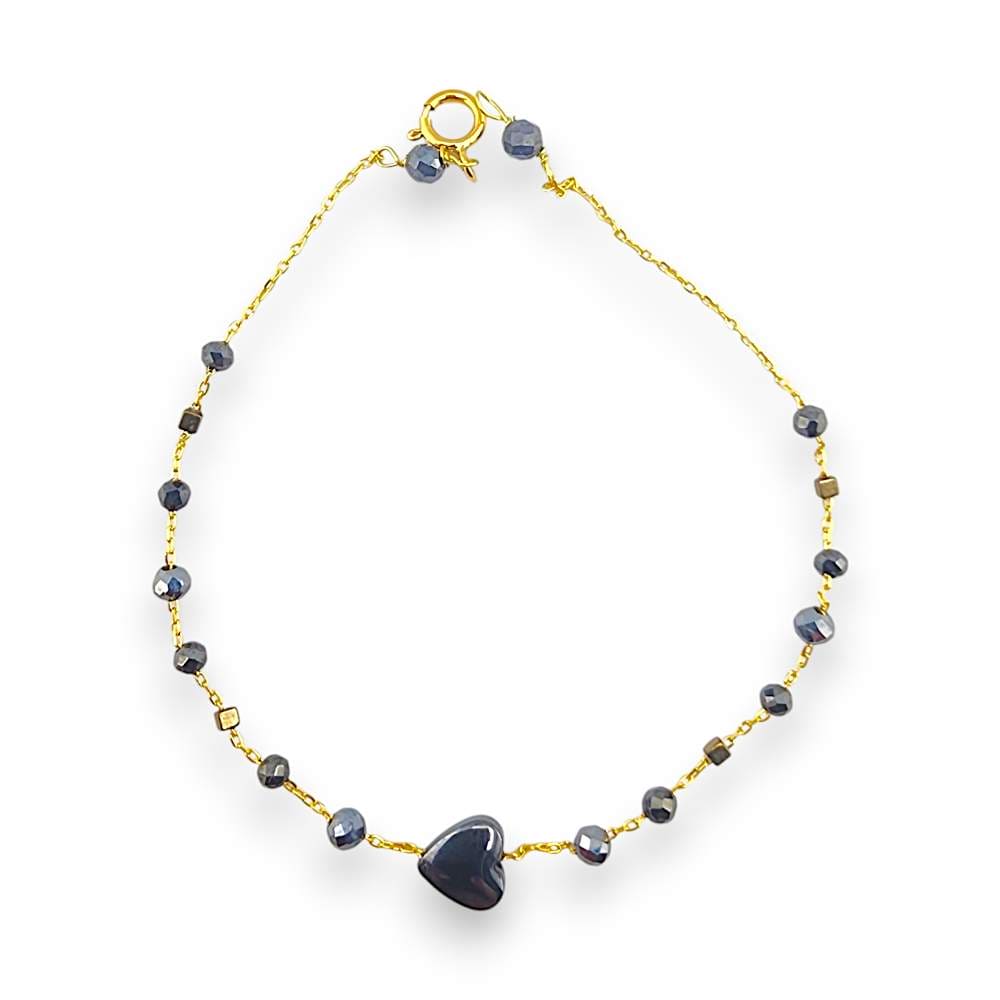 18K GOLD HEART HEMATITE BEADS BRACELET